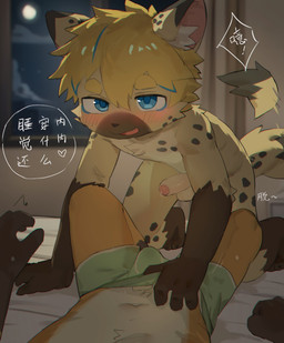 4_fingers anthro balls bed bent_legs blonde_hair blush blush_lines brown_body brown_fur brown_hands bulge clothing clothing_pull dialogue duo fingers first_person_view foreskin fur furniture genitals hair hand_on_bed heart_symbol inside kneeling kneeling_on_bed looking_at_viewer lying lying_on_bed male male/male navel night on_bed penis tail text yellow_body yellow_fur young nekowuwu rareel felid leopard mammal pantherine 2025 chinese_text hi_res translation_check translation_request