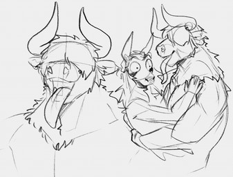 anthro anthro_on_anthro duo front_view hair hair_over_eyes horn hug long_tongue male male/male muscular muscular_anthro muscular_male nude obscured_eyes open_mouth shocked short_hair side_view simple_background tongue tongue_out jezzlen chuy_(jezzlen) logan_(jezzlen) asinus bovid bovine cattle donkey equid equine mammal monochrome sketch
