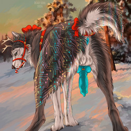 animal_genitalia animal_penis anus balls blue_anus blue_penis candy candy_cane candy_cane_in_mouth canine_genitalia canine_penis dessert erection fake_antlers fake_horns feral food fur fur_markings genitals glistening glistening_eyes grey_body grey_fur leg_markings looking_at_viewer male male_feral markings outside penis plant rear_view snow solo text tree white_balls white_body white_fur yellow_eyes msdeadsoul mei-ookami canid canine mammal 1:1 2024 artist_name dated hi_res
