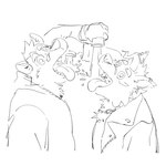 anthro band-aid bandage beverage clothed clothing container duo fur hair holding_object hoodie humor jewelry male open_mouth paws simple_background teeth topwear ty_pesh gary_anderson night_(character) hyena mammal spotted_hyena digital_media_(artwork) nonbinary_(lore)
