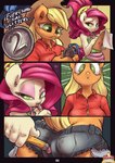 2013 absurd_res anthro anthrofied applejack_(mlp) atryl big_breasts blonde_hair bodily_fluids bottomwear breasts butt cherry cherry_jubilee_(mlp) clipboard clothing comic denim denim_clothing digital_media_(artwork) dual_holding duo earth_pony equid equine female female/female first_page food freckles friendship_is_magic fruit green_eyes hair hasbro hat headgear headwear heart_symbol hi_res holding_clipboard holding_object holding_pencil holding_writing_utensil horse licking licking_eraser licking_object mammal metal my_little_pony number page_number pencil_(object) pink_hair plant pony prodding sad shorts surprise sweat title title_number tongue tongue_out worried writing_utensil