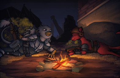 anthro arm_support campfire clothed clothing duo feral gun male night ranged_weapon relaxing ruins tail tail_tuft tuft weapon marsminer fallout hasbro microsoft my_little_pony mythology fan_character avian canid canine canis gryphon mammal mythological_avian mythological_creature wolf 2017 digital_media_(artwork) hi_res