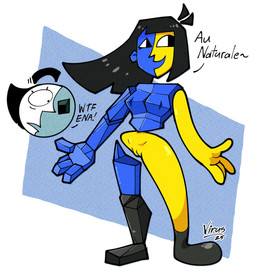 black_eyes black_hair blue_background blue_body breasts dialogue duo female floating_head front_view genitals hair long_hair nude open_mouth open_smile simple_background smile text thick_thighs vulva white_background white_body wide_eyed wide_hips yellow_body virus_lewds ena_(series) ena_(joel_g) moony_(ena) digital_creature ena_(species) humanoid living_moon sphere_creature hi_res