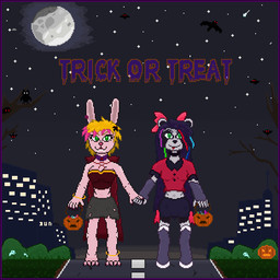 4_toes anthro barefoot black_hair blonde_hair border bow_ribbon claws clothing cosplay costume duo feet female food fruit fur hair holidays night paws pink_body pink_fur plant pumpkin purple_border toe_claws toes trick-or-treating walking white_body white_fur halloween milky_rivas bear giant_panda lagomorph leporid mammal rabbit 1:1 digital_media_(artwork) hi_res pixel_(artwork)