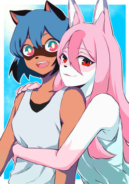 anthro black_hair black_nose blue_body blue_eyes blue_fur blue_hair brown_body brown_fur clothed clothing duo female fingers fur hair long_hair looking_at_viewer multicolored_eyes multicolored_hair open_mouth open_smile pink_body pink_eyes pink_hair shirt short_hair smile tank_top topwear white_body yo_na brand_new_animal studio_trigger michiru_kagemori nazuna_hiwatashi canid canine fox mammal raccoon_dog tanuki 2020 absurd_res half-length_portrait hi_res portrait