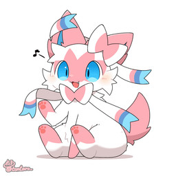 ambiguous_gender blue_body blue_eyes blush bow_(anatomy) cute_fangs fangs feral fur multicolored_body multicolored_fur musical_note musical_symbol on_ground open_mouth open_smile pawpads pink_body pink_fur pink_tail quadruped ribbons_(anatomy) sitting sitting_on_ground smile solo symbol tail tail_motion tailwag teeth white_body white_fur tontaro nintendo pokemon eeveelution generation_6_pokemon generation_9_pokemon hybrid_pokemon pokemon_(species) sprigatito sylveon 1:1 animated animated_gif short_playtime