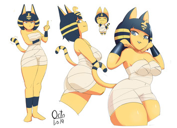 anthro bangs biped black_lips black_nose blue_hair bob_cut bodysuit breasts butt chibi clothed clothing eyeliner female form_fitting frown frowning_at_viewer gesture hair hand_gesture hand_under_chin lips looking_at_viewer makeup markings medium_breasts middle_finger narrowed_eyes navel_outline open_mouth open_smile pose simple_background skinsuit smile solo standing striped_markings striped_tail stripes tail tail_markings tail_motion thick_thighs tight_clothing uraeus white_background wide_hips wraps octobola animal_crossing nintendo ankha_(animal_crossing) domestic_cat felid feline felis mammal 2020 absurd_res compression_artifacts hi_res multiple_images signature