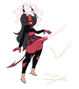 2_horns balls big_penis black_hair black_lips black_lipstick blush bodily_fluids boots bottomwear breasts cleavage clothed clothing cum cumshot ejaculation erection eye_scar eyelashes facial_scar footwear genital_fluids genitals gynomorph hair hair_over_eye heart_symbol high_heeled_boots high_heels horn intersex lips lipstick long_eyelashes long_hair makeup not_furry penis red_body red_skin scar shoes simple_background skirt small_breasts smile solo spade_tail striped_horn stripes tail thick_thighs white_background wide_hips yellow_eyes yellow_sclera lovetopullmicke hellaverse helluva_boss sallie_may_(helluva_boss) demon demon_humanoid horned_humanoid humanoid imp 2026 absurd_res hi_res trans_(lore) trans_woman_(lore)
