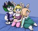 accessory anthro bangs bed bedding belly big_breasts black_bottomwear black_clothing black_hair black_shorts blanket blonde_hair blue_clothing blue_dress blue_eyes blush bottomwear bra_strap breast_squish breasts cleavage clothed clothing crown double_chin dress ear_piercing eyebrows eyelashes eyeshadow facial_markings fangs female fur furniture gloves green_hair group hair hair_over_eye half-closed_eyes hand_on_bed hand_on_belly hand_on_hip handwear head_markings headgear jewelry kneeling leaning leaning_backward leaning_on_another leaning_on_shoulder lips logo long_ears long_hair looking_at_viewer makeup markings mitten_hands multicolored_body multicolored_hair multiple_pregnancies muscular muscular_anthro muscular_female narrowed_eyes navel one_eye_obstructed overweight overweight_anthro overweight_female pants pawpads piercing pink_bottomwear pink_clothing pink_nose pink_pants pregnant pregnant_anthro pregnant_female purple_clothing purple_topwear purple_vest shirt short_stack shorts simple_background sitting_on_feet slightly_chubby slightly_chubby_female smile smiling_at_viewer spiky_hair spread_legs spreading squish star tan_body tan_pawpads tan_skin teeth text text_on_clothing thick_eyebrows thick_thighs toothy_grin topwear torn_clothing trio vest white_body white_fur skywater mario_bros mario_plus_rabbids_kingdom_battle mario_plus_rabbids_sparks_of_hope nintendo raving_rabbids rayman_(series) ubisoft edge_(mario_plus_rabbids) rabbid_peach rabbid_rosalina lagomorph mammal rabbid 2023 5:4 artist_logo crossover digital_drawing_(artwork) digital_media_(artwork) hi_res