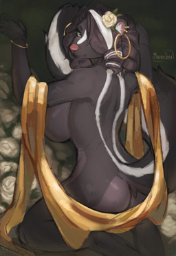accessory anthro back_stripes big_breasts black_hair breasts butt ear_piercing ear_ring female fingers flower flower_in_hair fluffy fluffy_tail golden_clothing green_eyes hair hair_accessory hair_over_eye hoop_ear_ring inner_ear_fluff looking_at_viewer looking_back looking_back_at_viewer nude nude_anthro nude_female piercing plant pose ring_piercing side_boob solo tail thick_thighs tuft wide_hips mainshu mammal mephitid skunk 2025 digital_media_(artwork) hi_res pinup