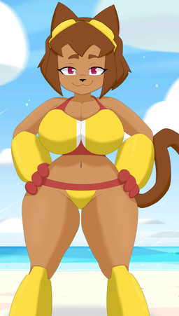 anthro beach big_breasts bikini bikini_bottom bikini_top breasts brown_body cat_tail clothing eyewear female glasses hands_on_hips looking_at_viewer smile smiling_at_viewer solo standing swimwear thick_thighs two-piece_swimsuit dogmickhot gameoverse glitch_productions kit_bodega domestic_cat felid feline felis mammal absurd_res hi_res