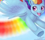 blue_body blue_feathers blue_fur feathered_wings feathers female feral fur hair multicolored_hair rainbow_hair smile solo sonic_rainboom text wings magpie_(artist) friendship_is_magic hasbro my_little_pony mythology rainbow_dash_(mlp) equid equine mammal mythological_creature mythological_equine pegasus url