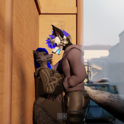 alley anthro black_bottomwear black_clothing black_pants blue_hair blue_mouth bottomwear cheek_tuft claws clothing duo facial_tuft female fur grey_body grey_fur hair male male/female pants red_eyes tuft hvllhnd midnight_(hvllhnd) canid canine canis mammal wolf 1:1 absurd_res blender_(artwork) blender_eevee_(artwork) digital_media_(artwork) hi_res watermark