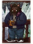 anthro beverage bottomwear clothing coffee container cup electronics hat headgear headphones headphones_around_neck headwear male mug pants shirt slightly_chubby snow snowing solo topwear winter 06junior11 mammal suid suine sus_(pig) wild_boar 2024 hi_res