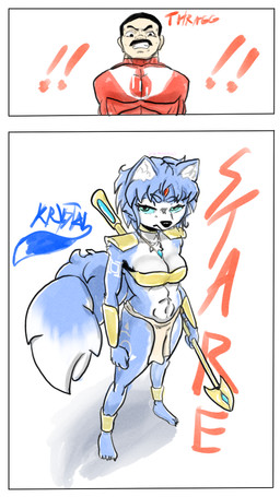 anthro conflict duo exclamation_point female highlights_(coloring) male muted_colors paneling red_text text son_mango nintendo star_fox krystal_(star_fox) thragg_(invincible) canid canine fox humanoid mammal viltrumite absurd_res comic hi_res shaded