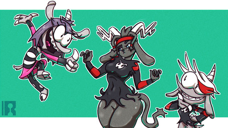 1_horn 2_horns 3_fingers accessory anthro antlers black_clothing black_shirt black_topwear bottomwear braces breasts clothed clothing cosplay female fingers fur gesture grey_body grey_fur group hand_gesture hand_on_chin headband hooves horn male open_mouth pattern_clothing pattern_shirt pattern_topwear pink_bottomwear pink_clothing pink_skirt red_headband shirt simple_background skirt smile striped_clothing striped_shirt striped_topwear stripes tail thumbs_up tongue topwear trio white_horn young rayzrraycox corn_kidz_64 pseudoregalia alexis_(corn_kidz_64) seve_(corn_kidz_64) sybil_(pseudoregalia) bovid caprine goat jackalope lagomorph leporid mammal rabbit 16:9 2025 crossover widescreen