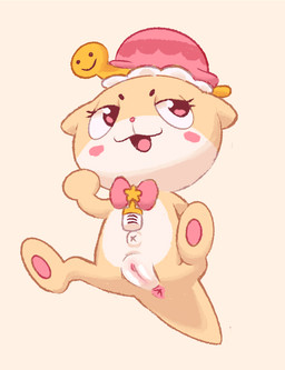 anthro anus chibi clothing eyelashes female fur genitals hat headgear headwear loli mascot navel outie_navel semi-anthro smile solo tan_body tan_fur vulva yellow_body yellow_fur young young_anthro young_female clockstops3am conditional_dnp chiitan mammal mustelid otter river_otter nonbinary_(lore)
