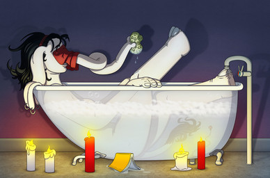 accessory bathing bathtub black_hair book bubble candle claw_foot_bathtub ear_piercing eyebrows female hair hair_accessory hairband piercing proboscis_(anatomy) relaxing solo sponge tail tail_tuft trunk_(anatomy) tuft wet white_body white_skin solient elephant elephantid mammal proboscidean