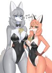 anthro blue_eyes blush breasts clothed clothing dialogue duo female fur grey_body grey_fur heart_eyes heart_symbol kemono looking_at_viewer open_mouth open_smile orange_body orange_fur question_mark simple_background skimpy smile text white_background white_body white_fur swetpot herbivore_high_school hoho_(herbivore_high_school) sirang_(herbivore_high_school) canid canine canis fox mammal red_fox true_fox wolf 2021 alternate_version_at_source digital_media_(artwork) korean_text shaded unavailable_at_source