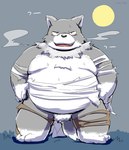 anthro belly black_nose blush fur grey_body grey_fur kemono male moon multicolored_body multicolored_fur night outside overweight overweight_anthro overweight_male solo text two_tone_body two_tone_fur white_body white_fur avoid_posting wanisuke canid canine canis mammal wolf 2021 hi_res japanese_text