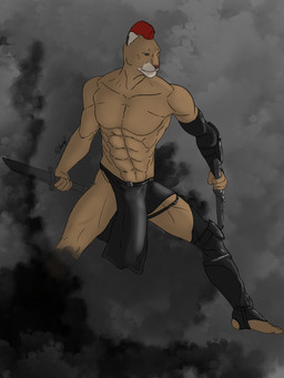 5_fingers abs abstract_background armor athletic bottomwear brown_body bulge clothing dagger detailed_bulge ear_piercing facial_piercing fingers genital_outline hair loincloth male melee_weapon mohawk muscular muscular_male nose_piercing nose_ring penis_outline piercing red_hair ring_piercing solo unconvincing_armor weapon fenrir_osbone microsoft the_elder_scrolls the_elder_scrolls_online razum-dar felid khajiit mammal 3:4 hi_res signature