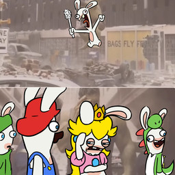 2_panel_comic ambiguous_anthro ambiguous_gender anthro bent_arm blonde_hair blue_clothing blue_ear_piercing blue_eyes blue_overalls brick brown_facial_hair brown_mustache buckteeth building clothed clothed_anthro clothed_female clothed_male clothing covering covering_face derp_eyes destroyed_vehicle embarrassed facial_hair featureless_legs female female_anthro fist fur gem green_clothing green_costume green_hat green_headwear green_shirt green_tail green_topwear group hair hat headgear headwear holding_object holding_toilet_brush long_ears long_hair looking_at_another male male_anthro midair mitten_hands multicolored_body mustache narrowed_eyes noseless nude_ambiguous nude_anthro outside overalls photo_background red_clothing red_eyes red_hat red_headwear rubble ruby_(gem) shirt short_legs sign squint tail tan_body tan_eyelids tan_inner_ear tan_skin teeth text toilet_brush topwear truck two_tone_body two_tone_tail vehicle white_body white_fur white_tail insert-thenewbl-here mario_bros mario_plus_rabbids_kingdom_battle nintendo raving_rabbids rayman_(series) ubisoft rabbid_luigi rabbid_mario rabbid_peach rabbid_yoshi lagomorph mammal rabbid 2024 comic crossover digital_drawing_(artwork) digital_media_(artwork) english_description english_text flat_colors photography_(artwork)