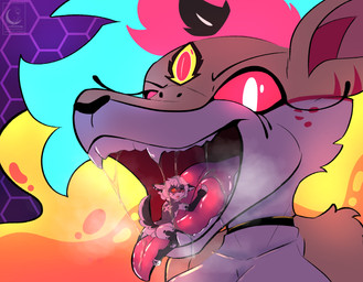 3_eyes anthro backsack balls big_tongue blush bodily_fluids breath dominant dominant_female extreme_size_difference eyelashes fangs female femboy genitals glowing glowing_eyes glowing_hair hair imminent_vore lamp lava_lamp macro male male/female mawplay micro micro_on_macro multi_eye open_mouth paws red_sclera saliva size_difference smaller_male steamy_breath tattoo teeth tongue vore alexander_moonflower hellaverse helluva_boss mythology archon_(alexander_moonflower) queen_bee-lzebub_(helluva_boss) canid canid_demon canine demon fox hellhound mammal mythological_canine mythological_creature absurd_res hi_res