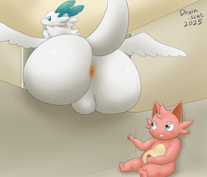 anthro anus balls bathtub big_butt blue_ears blue_eyes butt duo fur genitals gesture hair hand_gesture holding_penis huge_butt inside looking_at_another male male/male penis pink_body sitting tail teeth thumbs_up white_body white_fur wings drain_scat mythology palworld pocketpair cattiva dragon furred_dragon furred_scalie mammal mythological_creature mythological_scalie pal_(species) quivern scalie 2025 absurd_res hi_res