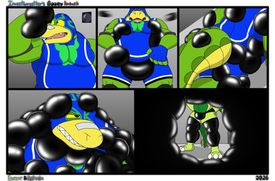 anthro duo kronos_unveiled latex male male/male solo superhero superhero_costume tail yellow_sclera retivain_(artist) brok_the_investigator cowcat_games disney pixar the_incredibles brok_(brok_the_investigator) alligator alligatorid crocodile crocodilian reptile scalie comic hi_res