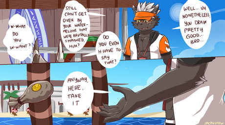 beach clothing dialogue hat headgear headwear male seaside text visor_cap chuurow lifewonders tokyo_afterschool_summoners seth_(tas) tadatomo_(tas) canid canine canis domestic_dog jackal mammal comic english_text hi_res