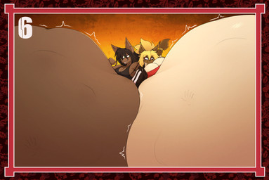 abdominal_bulge anthro back_to_back belly big_belly big_breasts bloated breasts cleavage clothed clothing duo emanata female hair hand_imprint huge_belly hyper hyper_belly imprint male romantic romantic_couple vore thorstone suniko_(thorstone) vishal_(thorstone) bat domestic_cat felid feline felis mammal siamese_cat hi_res