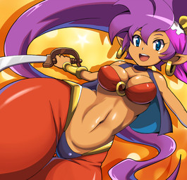 blue_eyes breasts clothing ear_piercing ear_ring female hair holding_object humanoid_pointy_ears kerchief long_hair melee_weapon navel not_furry open_mouth open_smile piercing plant pointy_ears ponytail purple_hair ring ring_piercing smile solo sword thick_thighs tight_clothing topwear vest weapon wide_hips banboro_(technobot) third-party_edit shantae_(series) wayforward shantae genie humanoid mammal 2015 hi_res