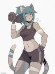 5_fingers anthro athletic athletic_anthro athletic_female athletic_wear band-aid bandage blue_hair bottomwear bra clothed clothing dumbbell exercise exercise_clothing exercise_equipment eyebrows female fingers flexing fur grey_body grey_fur hair holding_object markings midriff pink_eyes ponytail shorts simple_background solo spandex spandex_shorts sports_bra standing striped_markings striped_tail stripes tail tail_markings tight_clothing tomboy topwear towel towel_around_neck underwear weightlifting weights white_background workout notglacier kei_(notglacier) domestic_cat felid feline felis mammal absurd_res digital_media_(artwork) hi_res