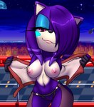 angel_(king_of_fighters) anthro bangs bare_shoulders big_breasts black_clothing blue_eyeshadow bottomwear breasts chaps clitoris clothed clothing cybernetics cyborg dipstick_ears energy eulipotyphlan eyeshadow fan_character female fingerless_gloves fur furball genitals gloves hair hair_over_eye handwear hedgehog hi_res jacket king_of_fighters lipgloss machine makeup mammal midriff_jacket multicolored_body multicolored_ears multicolored_fur navel nipples obstructed_eye one_eye_obstructed open_clothing open_jacket open_topwear panties pink_clitoris purple_body purple_clothing purple_fur pussy red_clothing sega seven_the_synthehog snk solo sonic_the_hedgehog_(series) synthetic topless topwear underwear wide_hips