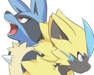 anthro biped black_body black_fur blue_body blue_eyes blue_fur chest_spike cute_fangs duo fangs fur open_mouth red_eyes screaming sharp_teeth side_view simple_background spikes spikes_(anatomy) tan_body tan_fur teeth teeth_showing whiskers white_background yellow_body yellow_fur herschel nintendo pokemon canid felid generation_4_pokemon generation_7_pokemon legendary_pokemon lucario mammal pokemon_(species) zeraora 2024 digital_media_(artwork) hi_res