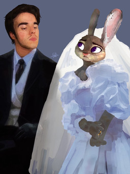 anthro clothing digit_ring dress duo female fur grey_body grey_fur intimidation jewelry looking_down looking_down_at_another looking_down_at_partner male male/female male_human monotone_background nervous purple_eyes ring scared simple_background suit upset wedding_dress wedding_ring c1trushark disney zootopia judy_hopps judyhoppsl0vr69 human lagomorph leporid mammal rabbit hi_res meme signature