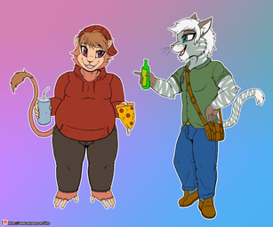 5_fingers anthro bag barefoot belly beverage big_belly blue_bottomwear blue_clothing blue_eyes blue_pants bottle bottomwear brown_body brown_fur brown_tail brown_tail_tuft button_(fastener) clothed clothed_anthro clothed_male clothing collared_shirt container cup dress_shirt drinking_straw duo eyebrow_through_hair eyebrows feet fingers food fully_clothed fully_clothed_anthro fully_clothed_male fur gesture gradient_background green_clothing green_dress_shirt green_hoodie green_topwear grey_body grey_fur hair hand_gesture hat headgear headwear holding_container holding_cup holding_food holding_object holding_pizza hoodie male male_anthro obese obese_anthro obese_male open_mouth outline overweight overweight_anthro overweight_male pants pink_background pizza pointing pointing_at_another red_clothing red_eyes red_hat red_headwear red_hoodie red_topwear shirt short_hair shoulder_bag simple_background speech_bubble standing striped_body striped_fur stripes sweatshirt tail tail_tuft tan_body tan_skin text thick_thighs topwear translucent translucent_hair tuft white_hair white_inner_ear white_outline viroveteruscy patreon jasper_jenkins teeko_(espyfur) domestic_cat felid feline felis haplorhine mammal monkey pantherine primate tabby_cat tiger 2019 absurd_res digital_drawing_(artwork) digital_media_(artwork) english_description hi_res shaded simple_shading url