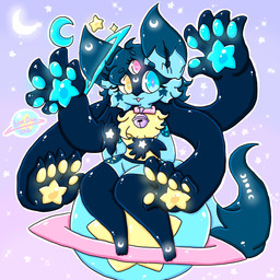 3_eyes anthro blue_body blue_eyes collar female fur heterochromia multi_eye pink_eyes planet solo star yellow_body yellow_eyes yellow_fur lewdchuu nintendo pokemon pyon_(lewdchuu) alien generation_4_pokemon lucario pokemon_(species) 1:1 hi_res