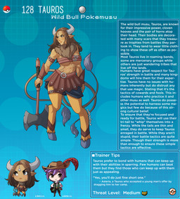axe breasts chibi clothed clothing duo female horn male muscular pokemorph solo_focus text under_boob weapon kinkymation nintendo pokemon generation_1_pokemon horned_humanoid human humanoid mammal pokemon_(species) tauros english_text hi_res