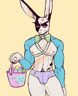 abs anthro basket bottomwear bow_tie clothing container cross-popping_vein easter_basket easter_egg facial_scar grumpy half-closed_eyes harness holidays hotpants inner_ear_fluff male muscle_tone muscular muscular_anthro muscular_male narrowed_eyes pecs pubes scar scars_all_over shirtless_sleeves shorts simple_background solo tuft yellow_background eebahdeebah easter lars_(eebahdeebah) lagomorph leporid mammal rabbit digital_media_(artwork) hi_res