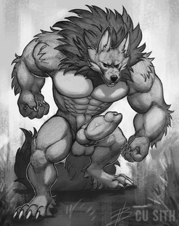 abs animal_genitalia animal_penis anthro balls biceps big_muscles breasts canine_genitalia canine_penis claws featureless_breasts fluffy fluffy_tail fur genitals huge_muscles jock knot male muscular muscular_male penis scared tail cu_sith_(artist) mythology canid canine canis mammal mythological_canine mythological_creature werecanid werecanine werecreature werewolf wolf absurd_res black_and_white hi_res monochrome traditional_media_(artwork)