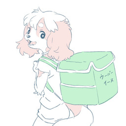 anthro backpack bottomwear brown_body brown_fur clothed clothing fully_clothed fur green_backpack hair happy kemono looking_at_viewer looking_back multicolored_body multicolored_fur open_mouth open_smile shirt shorts simple_background smile snout solo standing t-shirt teeth text tongue topwear two_tone_body two_tone_fur white_background white_body white_fur ashcozy uber_eats acacia_(ashcozy) bird_dog canid canine canis cavalier_king_charles_spaniel domestic_dog hunting_dog mammal spaniel toy_dog 1:1 2020 digital_drawing_(artwork) digital_media_(artwork) japanese_text translated