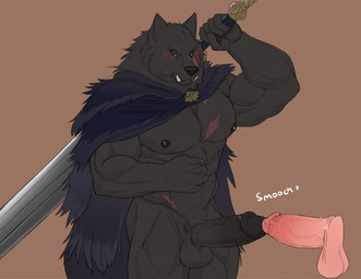 abs anthro balls big_penis blush cape cape_only clothed clothing disembodied_penis duo embarrassed erection fangs foreskin frottage fur genitals human_on_anthro humanoid_genitalia humanoid_penis interspecies male male/male male_human/male_anthro melee_weapon mostly_nude muscular muscular_male nipples partially_clothed partially_clothed_male pecs penile penis penises_touching scar sex standing sword teeth text touching_tips weapon seyrmo elden_ring fromsoftware blaidd_(elden_ring) canid canine canis human mammal wolf absurd_res english_text hi_res