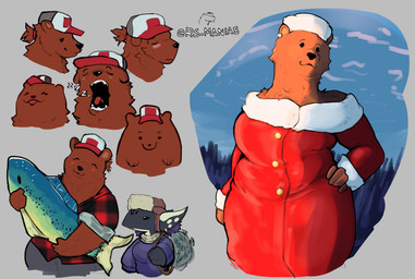 anthro black_eyes brown_body brown_fur clothing dot_eyes dress duo eyelashes female fur hat headgear headwear red_clothing red_dress simple_eyes sleeping smile sound_effects text trucker_hat vowelless vowelless_sound_effect zzz rsmania5 frey_(espectro111222) aquatic bear fish mammal 2025 absurd_res artist_name digital_drawing_(artwork) digital_media_(artwork) hi_res watermark
