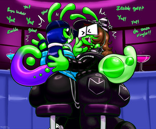 4_fingers alcohol anthro bar bar_stool beverage big_butt black_bottomwear black_clothing black_eyewear black_glasses black_hat black_headwear black_hoodie black_pants black_sclera black_shirt black_topwear blue_clothing blue_gloves blue_hair blue_handwear blue_hat blue_headwear blue_hoodie blue_topwear blush bottomwear brown_hair butt clothing cocktail cute_fangs dialogue duo electronics eyewear fangs female fingerless_gloves fingers furniture glasses gloves green_body hair handwear hat headgear headphones headphones_around_neck headwear hoodie inside laugh long_hair looking_away looking_up low-angle_view open_mouth pants purple_body rear_view shirt sitting smile stool teeth topwear white_clothing white_eyes white_hat white_headphones white_headwear felino bogos_binted dj_ampie_(felino) samantha_(itsbearb) alien 2026 hi_res meme