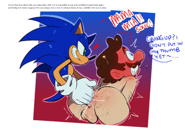 anal anal_fingering anthro anthro_penetrating anthro_penetrating_human anus backsack balls blue_eyes blush bodily_fluids body_hair brown_hair butt dialogue facial_hair fingering flustered genitals green_eyes hair human_on_anthro human_penetrated interspecies male male/male mustache nude penetration saliva sex smile text somedivs mario_bros nintendo sega sonic_the_hedgehog_(series) mario sonic_the_hedgehog human mammal absurd_res crossover english_text hi_res