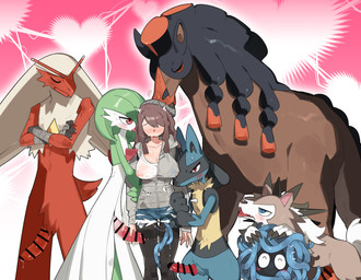 5_fingers ambiguous_gender anthro big_breasts black_body black_fur blue_body blue_eyes blue_fur blush bottomwear breasts brown_hair clothed clothed_female clothed_human clothing female female_human feral fingers front_view fur genitals grey_clothing group hair humanoid_hands legwear male male_feral nipple_outline penis penis_grab red_eyes standing topwear white_clothing tango_(pixiv) nintendo pokemon blaziken gardevoir generation_1_pokemon generation_3_pokemon generation_4_pokemon generation_7_pokemon human lucario lycanroc mammal midday_lycanroc mudsdale pokemon_(species) tangela censored
