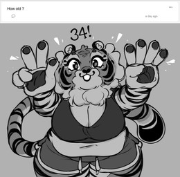 anthro belly big_breasts black_nose black_stripes bottomwear breasts cleavage clothed clothed_anthro clothed_female clothing deep_navel eyelashes facial_markings female gesture grey_background hand_gesture hand_sign head_markings hotpants inner_ear_fluff long_eyelashes looking_at_viewer markings navel neck_tuft number open_mouth open_smile pawpads questions_and_answers shorts simple_background slightly_chubby slightly_chubby_anthro slightly_chubby_female small_ears smile smiling_at_viewer solo stated_adult stated_age string striped_face striped_legs striped_markings striped_tail stripes tail tail_markings text topwear tuft v_sign white_belly white_inner_ear white_inner_ear_fluff highlandkall naomi_(highlandkall) felid mammal pantherine tiger english_text hi_res monochrome
