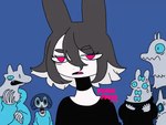 ambiguous_gender anthro blue_background female group male sharp_teeth simple_background teeth transformation 87sukiyaki mira pamupe canid canine canis domestic_dog lagomorph leporid mammal monster rabbit 2d_animation 4:3 animated low_res short_playtime