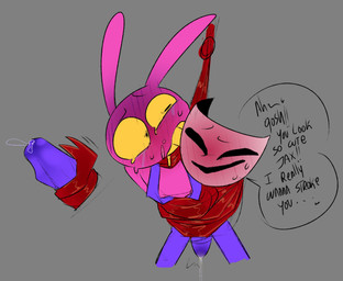 anthro aroused_smile asphyxiation bdsm blush bodily_fluids bondage bound clothing dripping drooling duo erection erection_under_clothing erotic_asphyxiation female genital_fluids genitals hand_on_penis hands_tied_behind_back male male/female mask masturbation_through_clothing motion_lines nervous nervous_sweat penis precum precum_drip precum_stain precum_through_clothing restraints rope rope_bondage saliva submissive submissive_male suspension suspension_bondage sweat sweatdrop tears wet wet_clothing wrapped_around karnthud glitch_productions the_amazing_digital_circus evil_jax_(tadc) gangle_(tadc) animate_inanimate humanoid lagomorph leporid living_mask mammal rabbit absurd_res hi_res